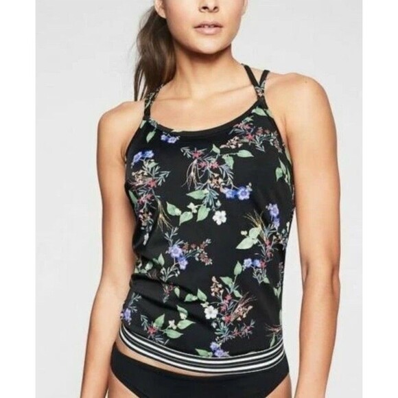 Athleta Gold Coast Black Floral Tankini Swim Top Size 36D/DD Blousy Banded Waist - Picture 1 of 11